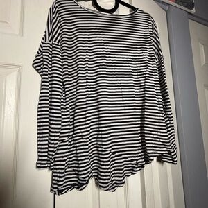 CAbi Navy and White Striped Asymmetrical Top
